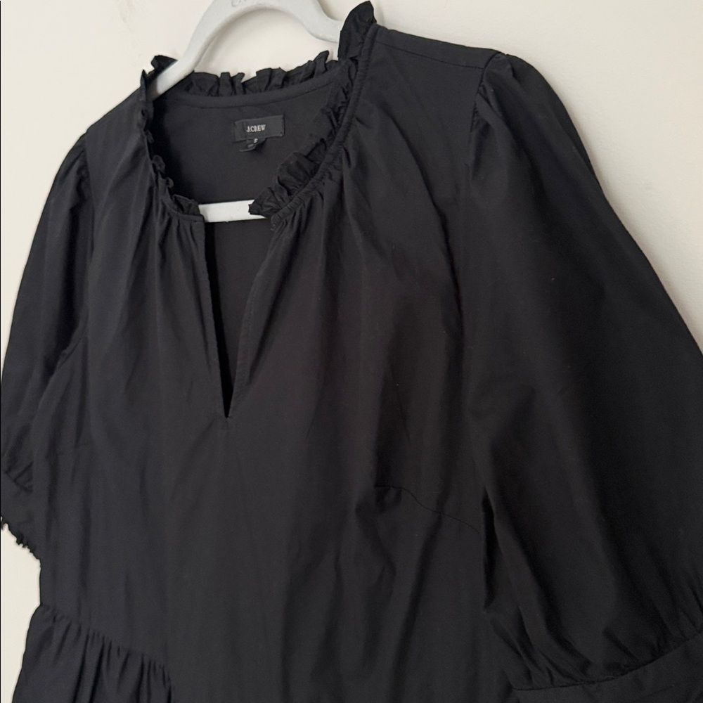 J.Crew Black Cotton Ruffle Neck Tiered Popover Mini Dress Women’s Puff Sleeve S - Picture 6 of 13